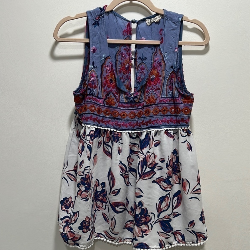 𝅺penelope Project boho floral embroidered mixed pattern tank top size medium